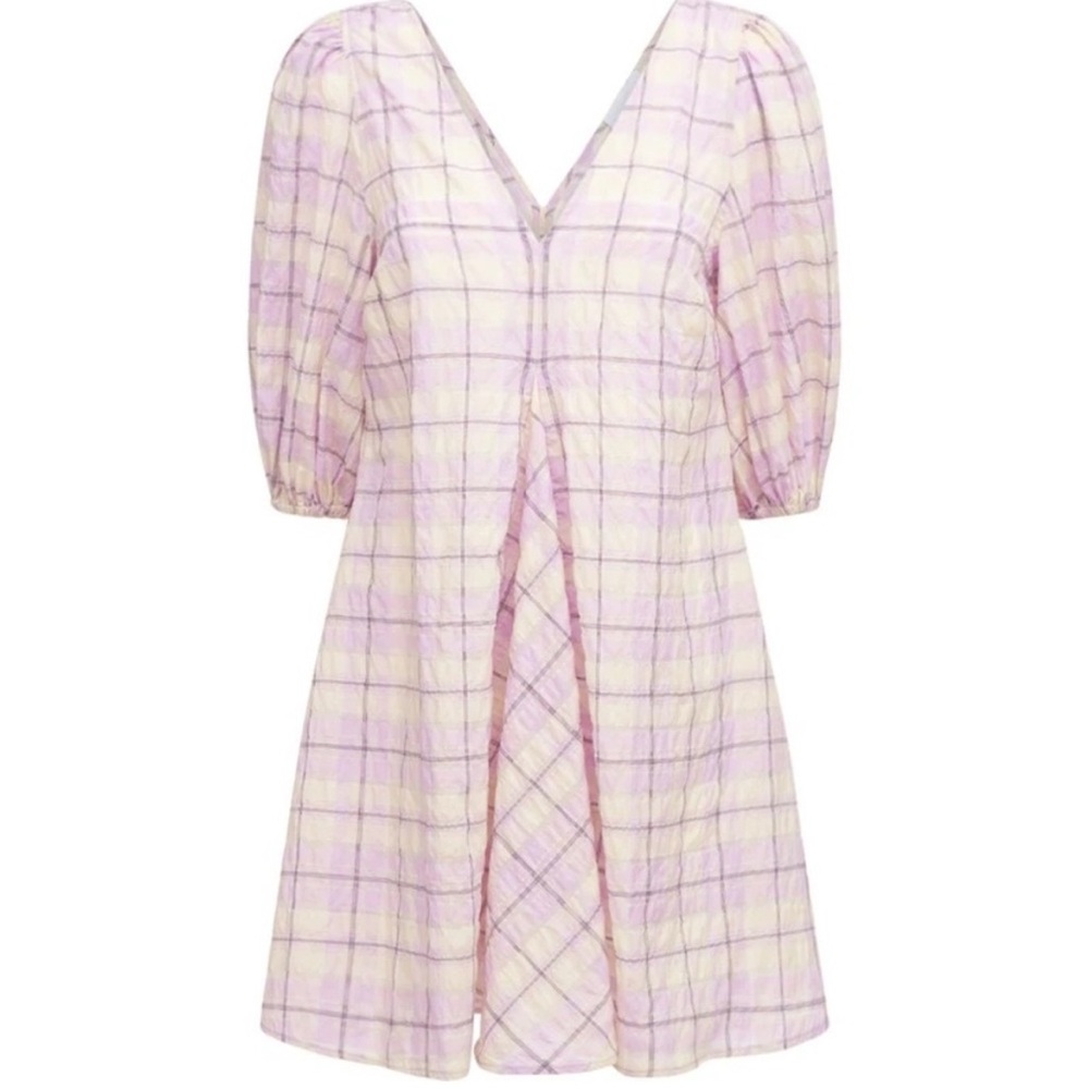 Ganni Seersucker Check V-Neck Mini Dress in Lavender and Cream